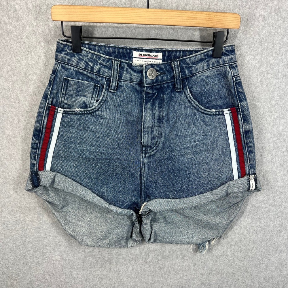 One Teaspoon Blue Denim Jean Shorts with Red & White Side Stripes